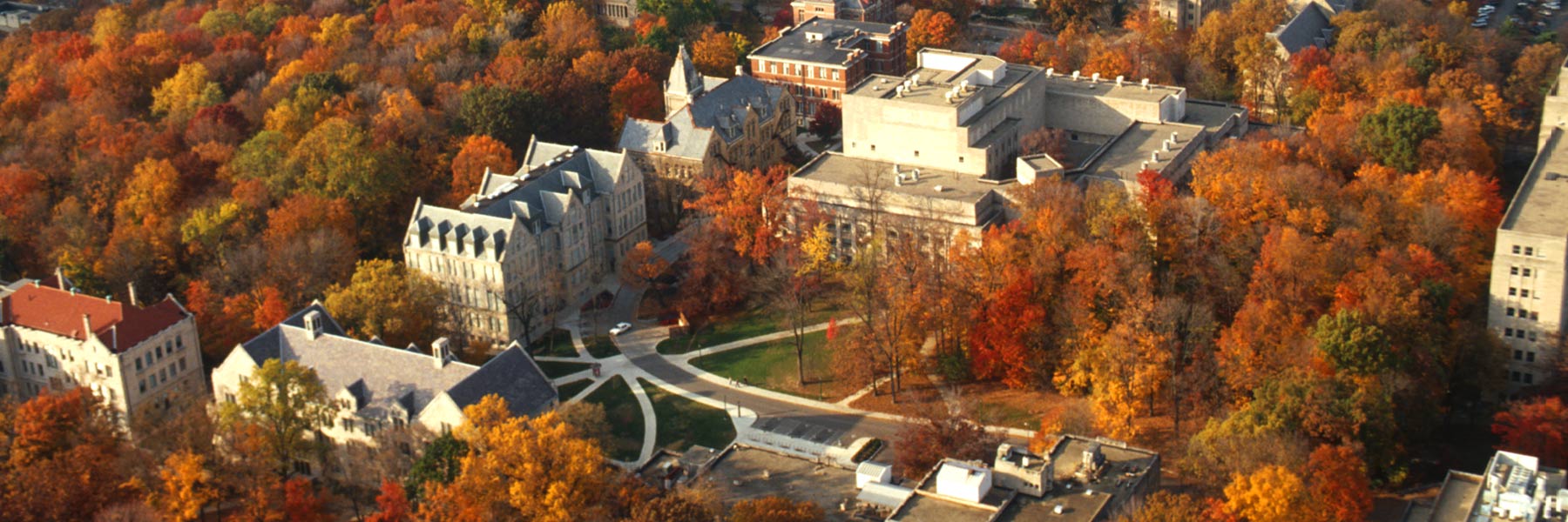 A bird's eye view of Indiana University campus in the late Fall. 